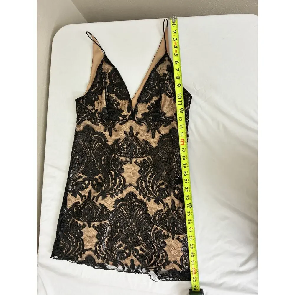Free People Night Shimmers Sequin Mini Dress - Black Lace & Nude Slip Size 8
